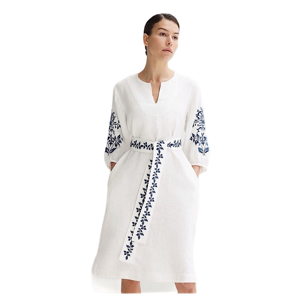 NWT Trenery White Linen Embroidered Detail Dress with tie belt